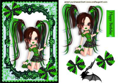Gothic Girl in Green Lace with Bat