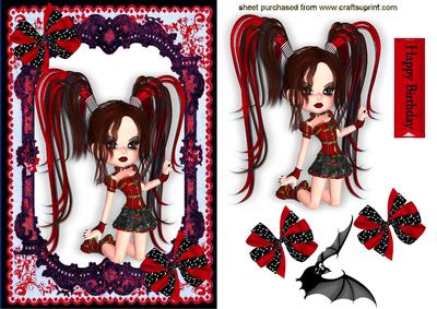 Gothic Girl in Red Lace Frame with Bat