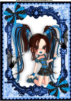 Gothic Girl in Blue Lace Frame with Bats A4