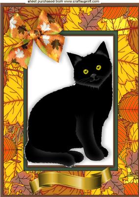Black Cat in Autumn Leaf Frame with Bow A4
