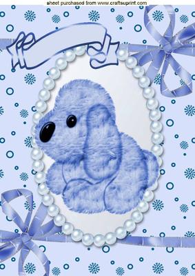 Blue Little Puppy in Pearl & Bow Frame A4