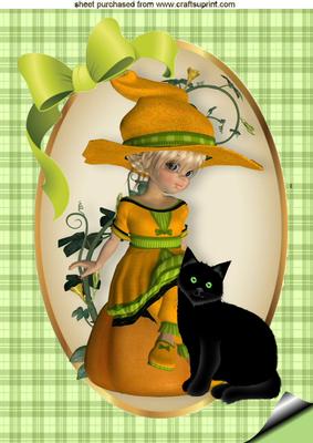 Little Pumpkin Girl with Black Cat A4