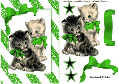Cute Pair of Kitties in Green Bow