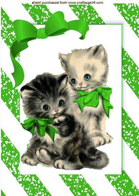 Cute Pair of Kitties in Green Bow A4