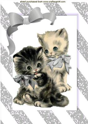 Cute Pair of Kitties with Silver Bows A4