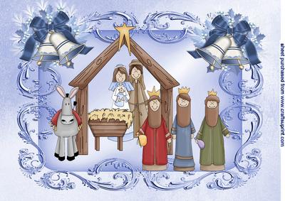 Nativity with Baby Jesus in Blue Ornate Frame A4