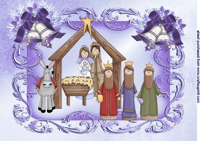 Nativity Scene with Baby Jesus in Purple Ornate Frame A4