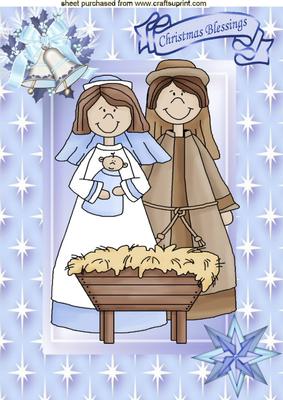 Christmas Blessings Nativity Scene in Blue Star Frame A4