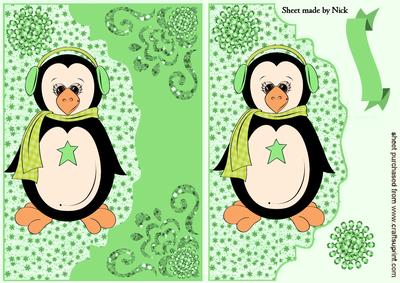 Cute Penguin on a Green Star Scalloped Envelope
