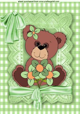 Little Teddy with Flowers in Green Lace Frame A4