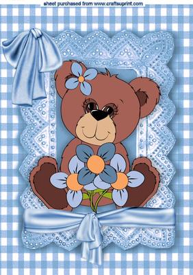 Little Teddy with Flowers in Blue Lace Frame A4