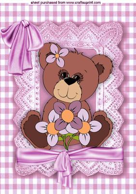 Little Teddy with Flowers in Pink Lace Frame A4