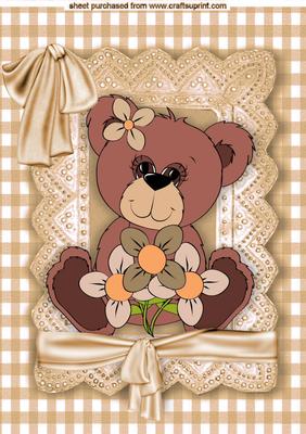 Little Teddy with Flowers in Brown Lace Frame A4