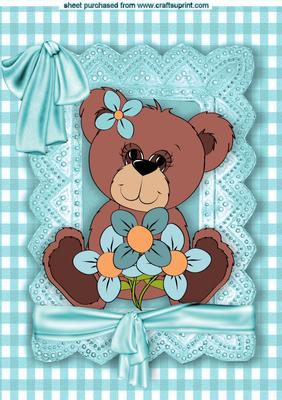 Little Teddy with Flowers in Turq Lace Frame A4
