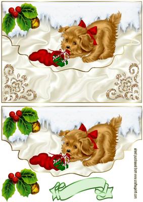 Little Brown Puppy with Snow on Scalloped Envelope