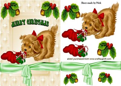 Cute Little Puppy, Playing with a Christmas Stocking