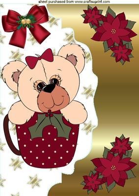 Cute Teddy in Christmas Teacup with Bow A4
