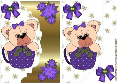 Cute Teddy with Christmas Teacup , Purple Bow