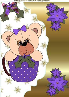 Cute Teddy in Christmas Teacup, Purple Bow A4