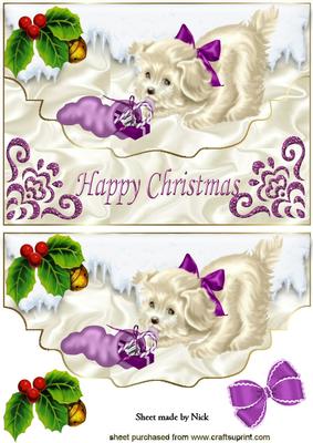 Little White Puppy with Stocking Playing in the Snow