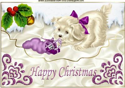Little White Puppy with Pink Bow Playing in the Snow A4