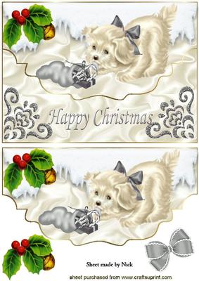 Little White Puppy with Silver Bow Playing in Snow