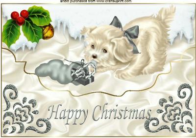 Little White Puppy with Silver Bow Playing in the Snow A4