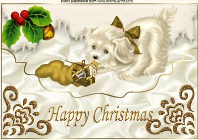 Little White Puppy with Gold Bow Playing in the Snow A4