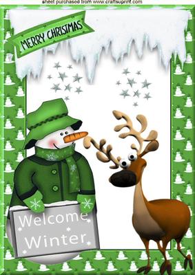 Snowman with Cheeky Reindeer in Green Frame A4