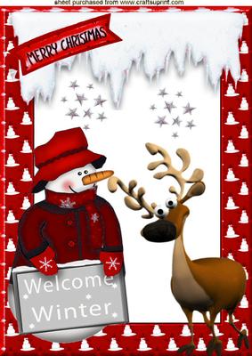 Snowman and Cheeky Reindeer in Red Frame A4