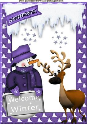 Snowman with Cheeky Reindeer in Purple Frame A4