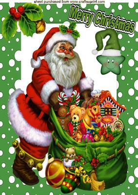 Lovely Santa with Sack of Toys in Green Snow Frame A4