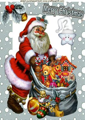 Lovely Santa with Sack of Toys in Silver Snow Frame A4