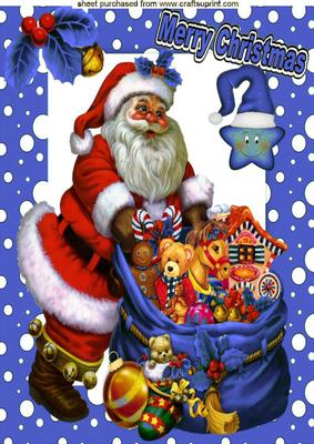 Lovely Santa with Sack of Toys in Blue Snow Frame A4