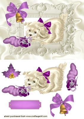 Little White Dog with Pink Bow in Ornate Frame