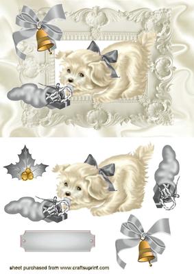 Little White Dog with Silver Bow in Ornate Frame