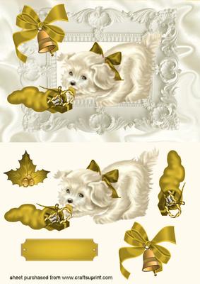 Little White Dog with Gold Bow in Ornate Frame