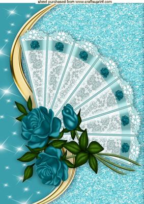 Pretty Turq Roses on Lace Fan, A4
