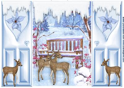 Lovely Snow Scene with Reindeers and Bench Gatefold