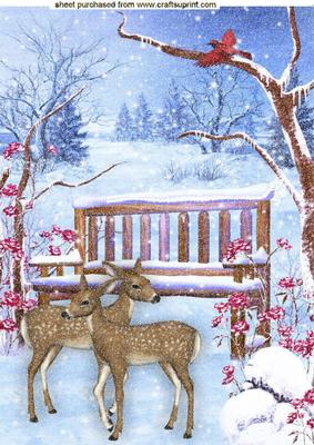 Pretty Snow Scene with Reindeers and Bench A4