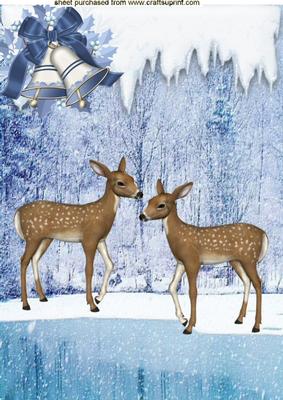 Cute Pair of Reindeers in Snow Scene A4