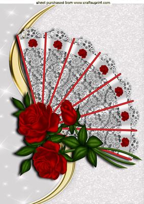 Beautiful Red Roses on Lace Fan A4