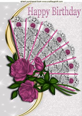 Pink Roses on a Lace Fan for a Birthday A4