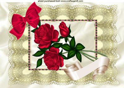Beautiful Red Roses on Vintage Cream Lace with Bow A4