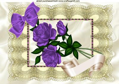 Beautiful Purple Roses on Vintage Cream Lace A4