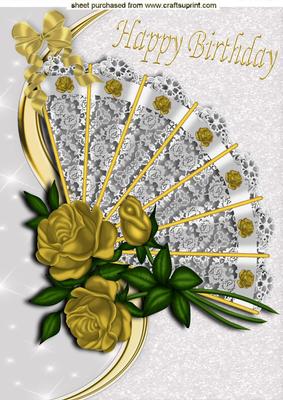 Gold Roses and Bow on a Lace Fan A4