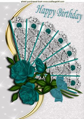 Lace Fan with Beautiful Turq Roses and Bow A4