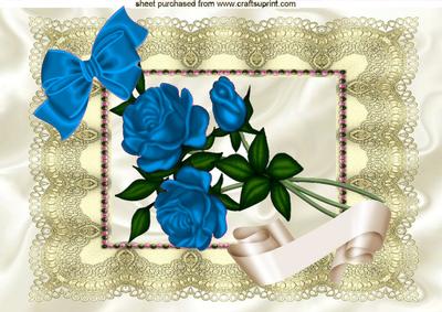 Beautiful Blue Roses with Bow on Vintage Cream Lace A4