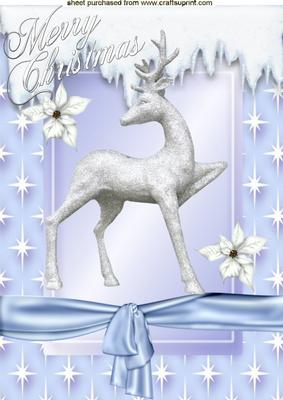 Silver Reindeer with White Poinsettias in Blue Star Frame A4