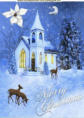 Pretty Christmas Scene with Church and Reindeers A4